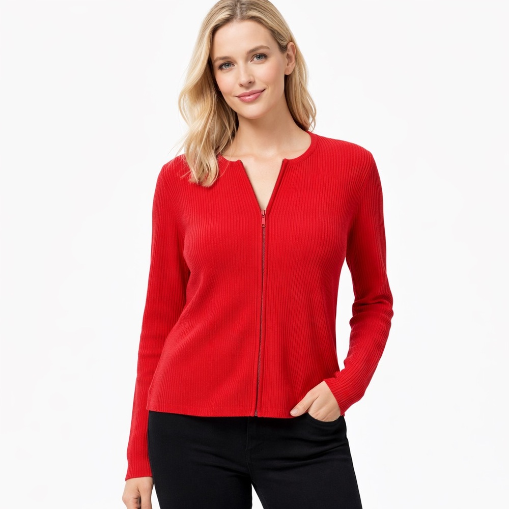 Oliver Perry Silk Blend Ribbed Zip Cardigan XL Red Lightweight Sweater